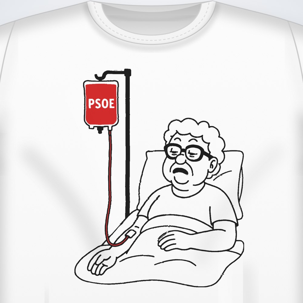 Detalle del estampado: la abuela con gafas y el gotero rojo del PSOE